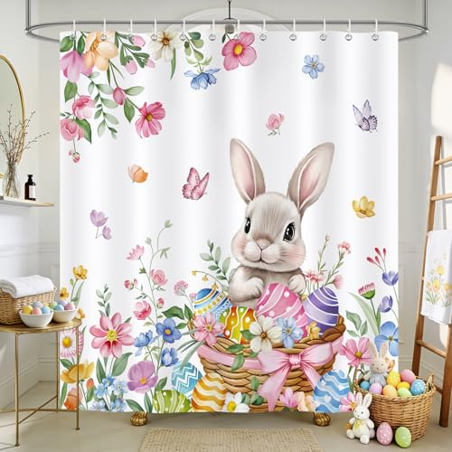 COZZSNUGE Duschvorhang 180 x 180 cm Frühling Osterhase, Bunte Blumen Hase Ostereier Duschvorhänge Anti-schimmel Wasserdicht Polyester Stoff Badvorhang mit 12 Duschvorhangringen