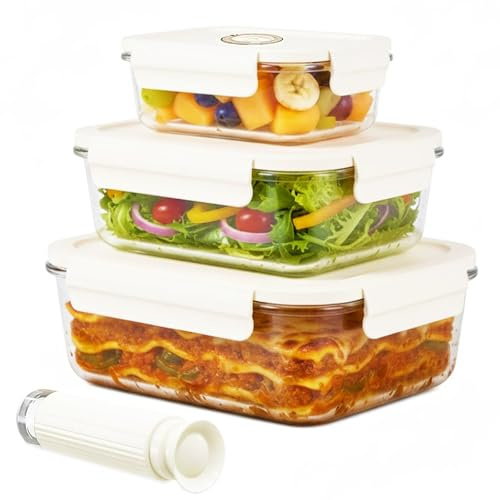 Spares2go Récipients de conservation sous vide en verre avec couvercles à clips de fixation (petit, moyen, grand) + pompe d'étanchéité manuelle