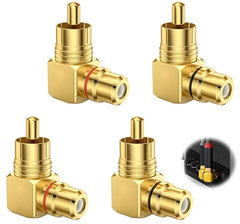 Joysuelly Set med 4 raka vinklade RCA-adaptrar, 90° cinch-adapter, vinklad kontakt, 90 graders cinch-kontakt till stereoljuduttag, AV-videoutrustning (2 röd, 2 svart)