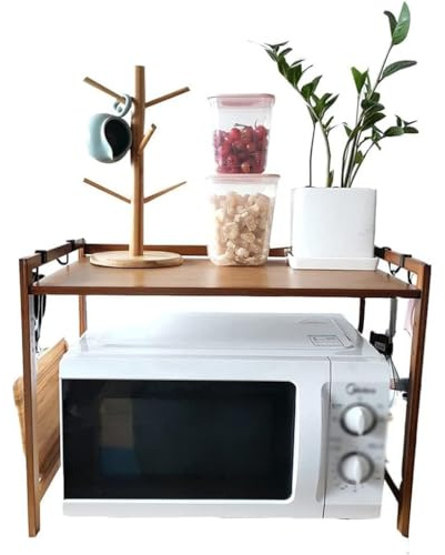 Support de four à micro-ondes en bois bambou 2 couches, étagère rangement cuisine réglable avec 4 crochets et support planche découper
