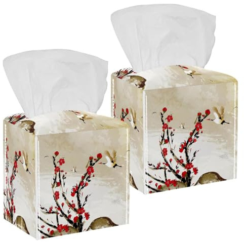 Quadratische Taschentuchbox-Abdeckung, japanische Kirschblüten und Kranichvögel, Leder, Kosmetiktücher-Organizer, Spender für Schminktisch, Toilette, Tank, Kommode, Nachttisch, Arbeitsplatte, Büro