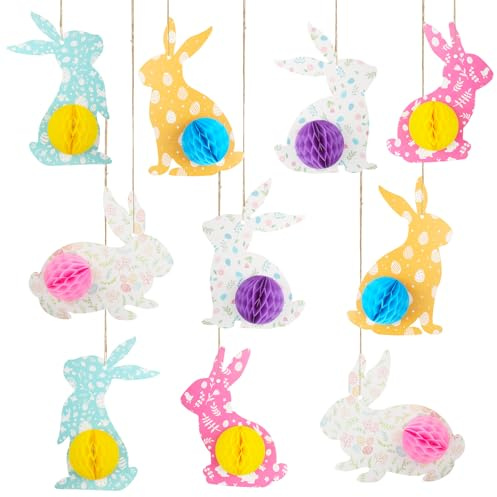 Vaskula 10 Stück Osterhasen Deko aus Wabenpapier Wiederverwendbare Papierblumen zum Aufhängen Hase aus Pappe 20-24cm und Bunte Wabenbälle 7cm für Partydeko Osterdeko Modern