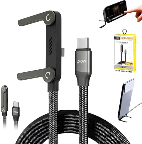 Hotcho 2-i-1 laddningskabel med stativ, 240 W, USB-C laddningskabel med osynligt stöd, 1,5 m, flätad typ C snabbladdningskabel, USB C laddningsstation för smartphone