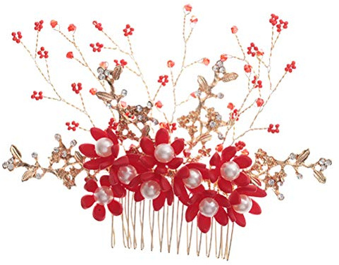 COOPHYA Roter Haarkamm Brautschmuck Leicht und Elegant Handgefertigter mit Perlen Blumenförmiger für Besondere Anlässe und Partys