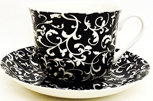 Venetian Breakfast Cup & Saucer Fine Bone China Large Venetian Black Cup & Saucer Hand Decorated in The U.K. Free UK Delivery