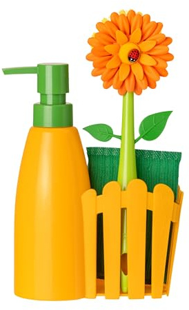 Vigar - Set Fregadero - Pack Soporte, Cepillo Lavaplatos, Esponja - ‎7 x 14 x 26.5 cm - Flower Power - Con Dispensador - Bandeja de 3 Piezas - Amarillo