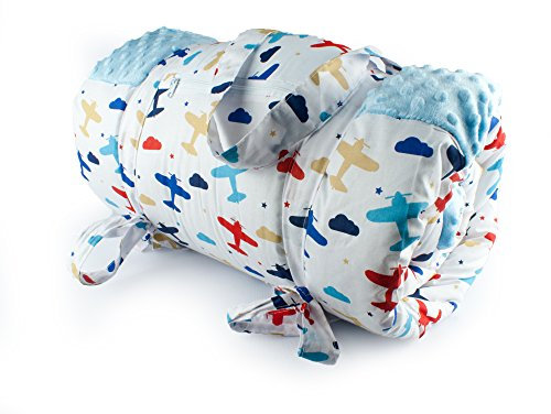 1buy3 Krabbeldecke, Picknickdecke, wärmeisoliert und wasserdicht mit Tragegriff, Babyblau + Flugzeuge, 170 x 140 cm