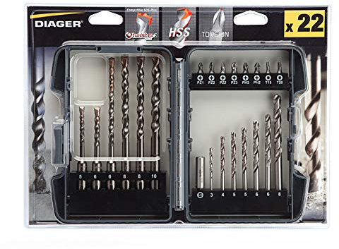 Diager, Coffret Mixte Foret Béton Twister - Foret HSS - Vissage 22Pcs