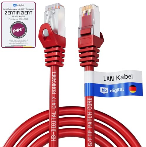 HB-DIGITAL 5m CAT 7 Cable Ethernet LAN S/FTP PiMF LSZH AWG26 Cable de Red con CAT 6A RJ45 Conectores hasta 10 Gbits/600 MHz Ideal para Patchpanel Servidor PC Laptop Smart TV DSL Rojo