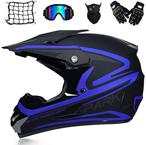 Motorradhelm, Erwachsener Motocross Helm Motorrad Crosshelm Herren Fullface MTB Helm Mopedhelm mit Visier Brille Handschuhe Maske Motorrad Netz, Schwarz und Blau,M