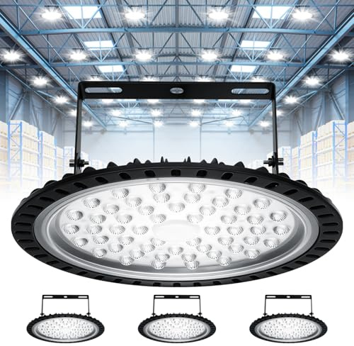 Viugreum 4 Pack 200W UFO LED High Bay Light, 20000LM Ultra Thin LED Warehouse Lighting 6500K Daylight White, IP65 Waterproof Commercial Bay Lighting Shop Area Workshop Garage Lights Fixtures