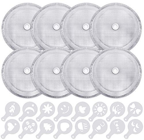 8 Stück French Press -Filtersieb mit 16 Stück Kaffee Dekorieren Schablonen, Edelstahl Wiederverwendbare Mesh-Filter für Universal 1000 ml/34 oz/8 Tassen French Press