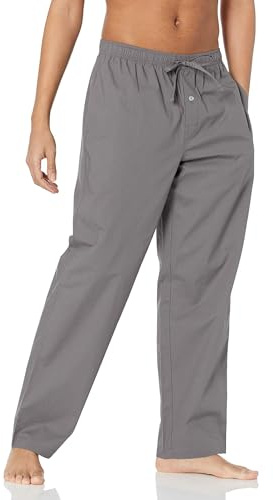 Amazon Essentials Pantalones de Pijama de Popelina de Algodón de Corte Recto con Cintura Elástica con Cordón Hombre, Gris, L