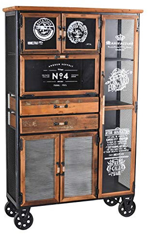Apothekerschrank „New York LOFT“ – Industrial Vitrine | Holz, Metall & Glas | 2 Schubladen & 6 Türen | Auf Rollen | Vintage Hochschrank lof068 Palazzo Exklusiv