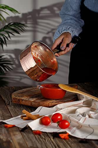 DEMMEX Copper Saucepan & Butter Warmer, 1mm Thick Solid Uncoated Hammered Copper, Wooden Handle, Tin Lined, 100% Handmade (1.2 Quarts-6x2.8)
