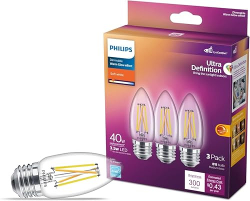 PHILIPS LED 60W BA11 E26 Base 3-Pack Ultra Definition Soft White (2700K) 500 Lumen (5W = 60W) Dimmable Clear Flicker-Free Candelabra Light Bulbs