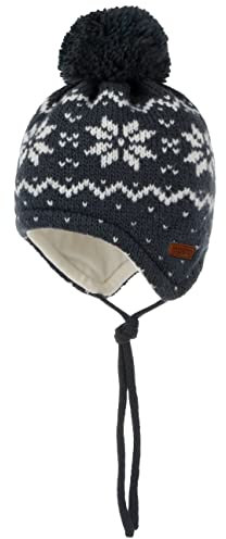 maximo Lillesand Kids Bommelmütze Kindermütze Strickmütze Wintermütze Kinder - Made in Germany mit Futter, Lederband Winter Herbst-Winter - 47 cm anthrazit