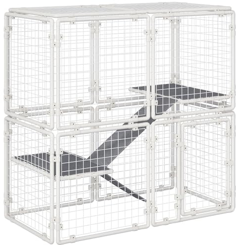 Pawhut Conejera Valla de Metal Corralito con Puerta Pestillo de 16 Paneles y Escalera para Gatos Cachorros Conejos DIY 68x68x2,5 cm Blanco