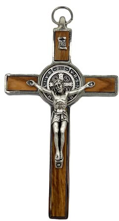 Generico Crocifisso Croce di San Benedetto in legno d'ulivo e metallo cm. 12,5 X 7