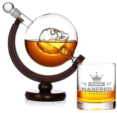 polar-effekt Globus Totenkopf Karaffe 850 ml Set mit Gravur - Motiv: Krone - mit personalisierten Whisky Tumbler 320 ml - Holzständer - Made in Germany - Alkohol - Männer - Geburtstag, Jubiläum