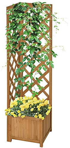 Outsunny Fioriera da Giardino a Fondo Cavo in Legno di Abete Marrone con Grigliato per Rampicanti e Decorazioni, 40x40x145 cm