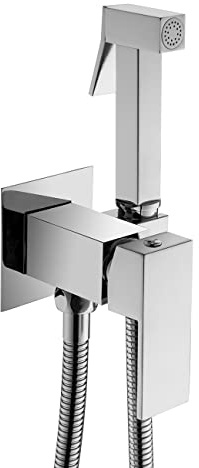 Chrome Brass Concealed Shower Mixer Hot and Cold Bidet Spray Head Hose Set | Wall Mounted Toilet Bathroom Modern Square Shower Mixer Kit Set with Muslim Shataff Bidet Spray 1.2M Shower Hose