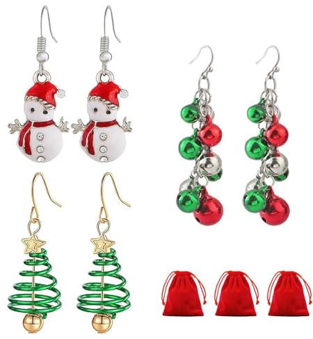 3 Paar Ohrringe Weihnachte mit 3 roten Samtbeuteln,Weihnachtsschmuck,Damen-Weihnachtsohrringe,Weihnachtsbaum/Schneemann/Glocken OhrringeSchmuck, Geschenke für Frauen, Feiertagsfeier