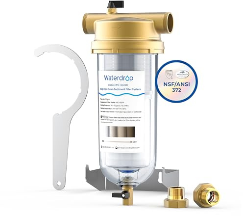 Waterdrop Mega Spin Down Sediment Filter, Reusable Whole House Water Filter System for City Water, Backwash Sediment Water Filter System, 100 Micron+5 Micron PP Filter, 1 MNPT + 3/4 FNPT, BPA Free