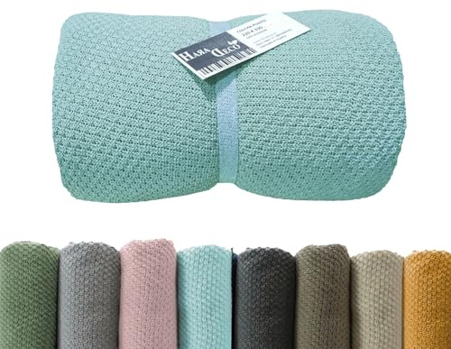 HaraDeco Manta de Punto Plaid Sofá Multiuso Pie de Cama 100% Algodón | Reciclado, Cubre Sofá Sillón con o sin Pompones Decorativa Tacto Suave, Cubrecama Elegante Estilosa Fabricado Nacional