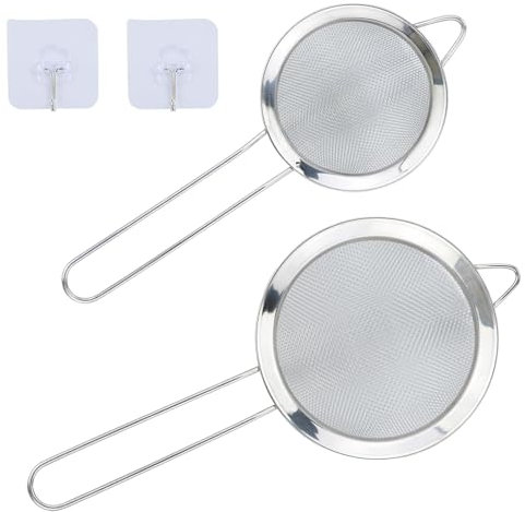 Paquete de 2 coladores pequeños de malla fina de acero inoxidable con ganchos de cocina, 12 cm/8 cm de diámetro, colador de té de malla fina con asa, ideal para jugo, huevo, té, café, filtro de harina
