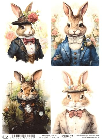 Josys Bastelmärchen Reispapier A4 Strohseide Decoupage Ostern Hase in Vintage Anzug RE6467