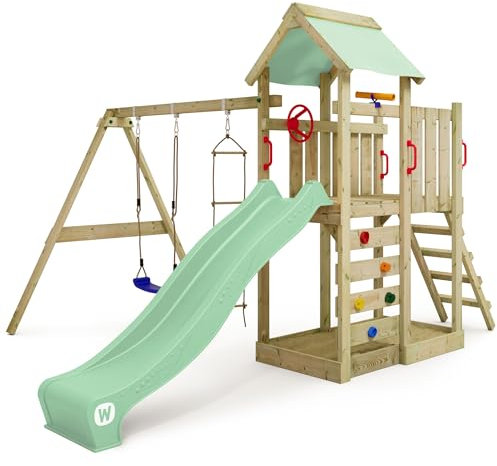 WICKEY Spielturm Klettergerüst MultiFlyer mit Schaukel & pastellgrüner Rutsche, Outdoor Kinder Kletterturm mit Sandkasten, Leiter & Spiel-Zubehör für den Garten
