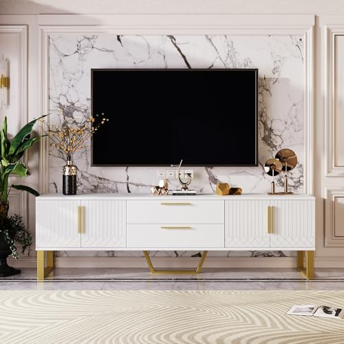 Moimhear Hochglänzender TV-Schrank: Boden, goldene Griffe und Füße, Tür mit gravierter Textur, Aufbewahrungslösung für das Wohnzimmer, Kombination aus Luxus und Funktionalität (Weiß)