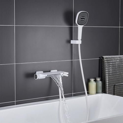 Wasserfall-Badewannenarmatur weiß, Messingwannenarmatur mit Handbrause, Wandmontage, Badewannenarmatur, Badewannenmischbatterie, Einhand-Wannenarmatur, Duscharmatur-Set