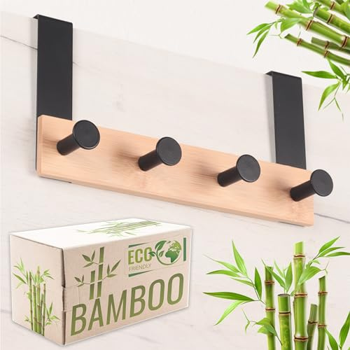 RICOO Perchero de Puerta con 4 Ganchos MH029N-4, Montaje Sin Perforaciones 25x13x6,6cm Diseño Elegante en Color natural Ideal para Baños Dormitorios y Cocinas Bambú y Acero 1 pieza