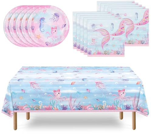 WERNNSAI Mermaid Party Decorations - 33PCS Mermaid Party Plates Napkins Tablecloth for Kids Girls Birthday Decorations Pink Blue Under the Sea Tableware Set Summer Pool Baby Shower Serve 16 Guests