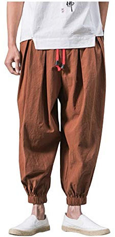 Pantalon Baggy Harem pour homme - Pantalon de loisirs japonais uni en coton et lin - Pantalon décontracté Loose - Salopette avec poches - Long - Respirant - Pantalon bouffant - Grande taille