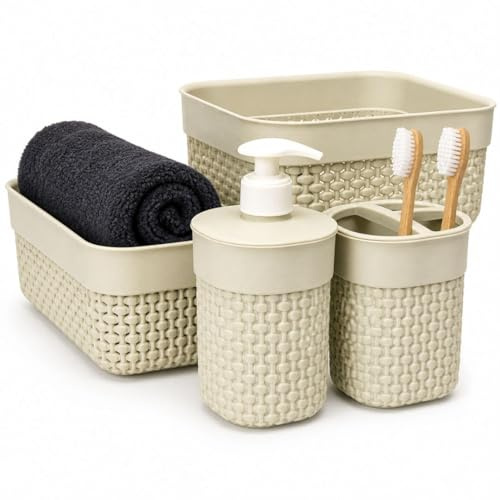 Set Accesorios Baño Estilo Rattan | Juego de 5 Piezas, Dispensador Jabón, Porta cepillos, Organizadores y Toalla | Kit de Accesorios de Baño (Beige)