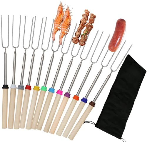 12 Stück Edelstahl Marshmallow Spieße, Teleskop Lagerfeuer Grillspieße Lang 31-81cm, Ausziehbar Stockbrot Stöcke, Schaschlikspieße Grillstab mit Canvas-Beutel, Holzgriff Lagerfeuerspieße Grillgabel