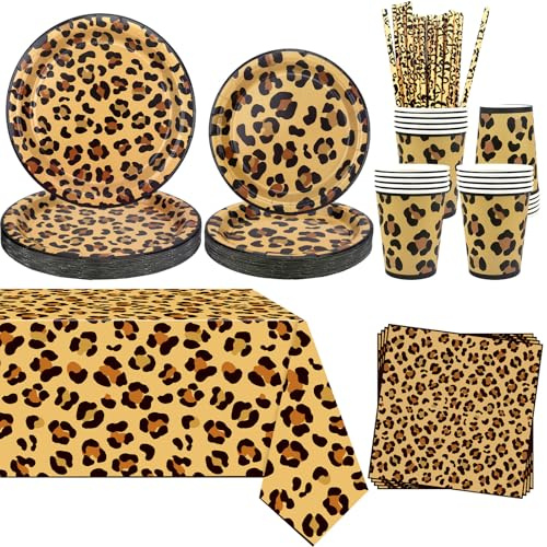 Pack de décoration d'anniversaire léopard, fournitures de fête à imprimé léopard comprenant assiettes, nappe, serviettes, vaisselle pour baby shower à imprimé safari de la jungle, sert 20 personnes