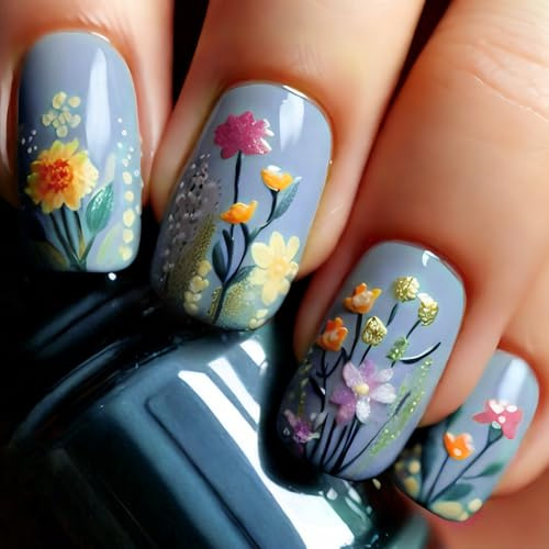 24PCS Short Square Press On Nails – 3D Light Flower French Tip Design, Cute Spring Floral Full Cover Fake Nails with Jelly Adhesive Tabs, Made of Premium ABS for Comfort and Durability