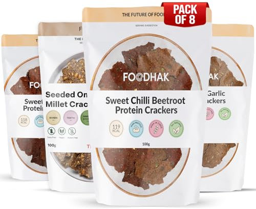 FOODHAK Crackers (Sweet & Sweet Chilli beetroot, Rosemary & Garlic, Seeded Omega & Millet) Variety pack, low carb crackers, low carb snack, high fibre & gluten free (8 x 100g Packs). no carbs no sugar