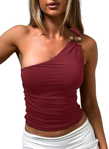 Sukiglam Womens One Shoulder Crop Tops Sexy Sleeveless Tight Vest Top Y2K Summer Tank Tops with Stretchy Ruched Elegant Ladies Backless Slim Fit Going Out Top for Clubbing Party Trendy Streetwear