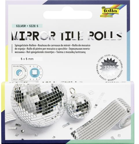 folia 540560 - Mirror Tile Rolls SILVER SIZE S, 2 Rollen mit 4 cm x 1 m, Spiegelmosaik in Silber, 3200 Glasspiegelsteine je 5 x 5 mm, selbstklebend, zum Verzieren und Dekorieren