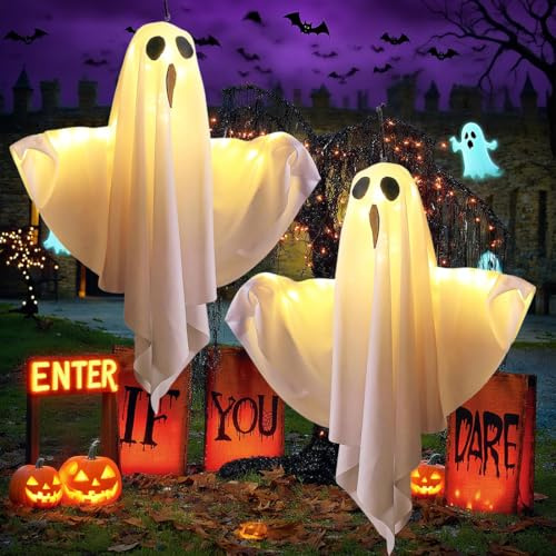 Halloween Deko Geist [2er Set], Halloween hängende Geister deko mit 3 LED-Modi für Grusel-Atmosphäre, Batteriebetriebene Gespenster für Outdoor & Party Deko Für Hof, Garten, Terrasse, Rasen