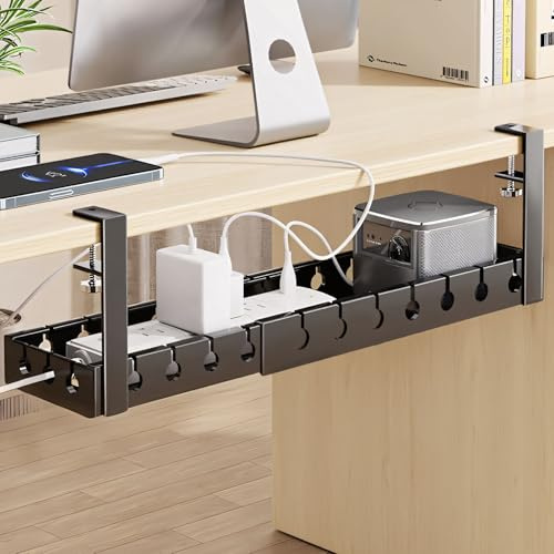Kabelkanal Schreibtisch Ohne Bohren, Kabelmanagement Schreibtisch mit 5m Kabelbinder, Einziehbar 43-74cm Metall Kabelhalter Kabelwanne Kabel Organizer Tisch, Klemmbar Kabelkorb für Zuhause, Büro