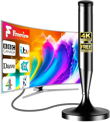 2025 Smart TV Zimmerantenne – Freeview HD und Ultra HD 4K/1080p, 300 km lange Reichweite, starker Magnetfuß und 5 m Koaxialkabel, einfache Installation, ohne Vertrag