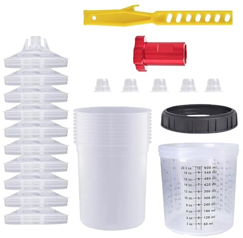 Lot de gobelets de mélange de peinture pour HVLP, pulvérisateur de peinture, jetable, pistolet à peinture, gobelet avec 10 gobelets, 10 couvercles, 5 connecteurs, 1 anneau de support noir (600 ml)
