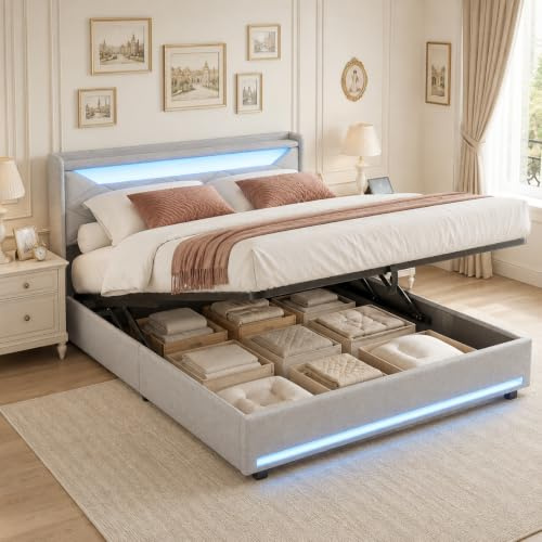 PerGar Polsterbett 140 x 200 mit USB-LED-Kopfteil, Doppelbett mit Bettkasten, Jugendbett Hydraulisch Bett mit Stauraum, Stauraumbett Bettgestell mit Lattenrost, Leinen, Ohne Matratze, Grau