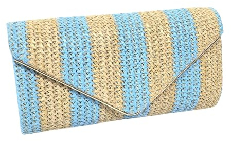 FANSHINUO Bolso de playa para mujer, bolso de paja para axilas, bolso cruzado a juego, tejido a mano, hombro de compras, citas, playa, hombro tejido a mano, bolso de paja con correa de cadena, azul y